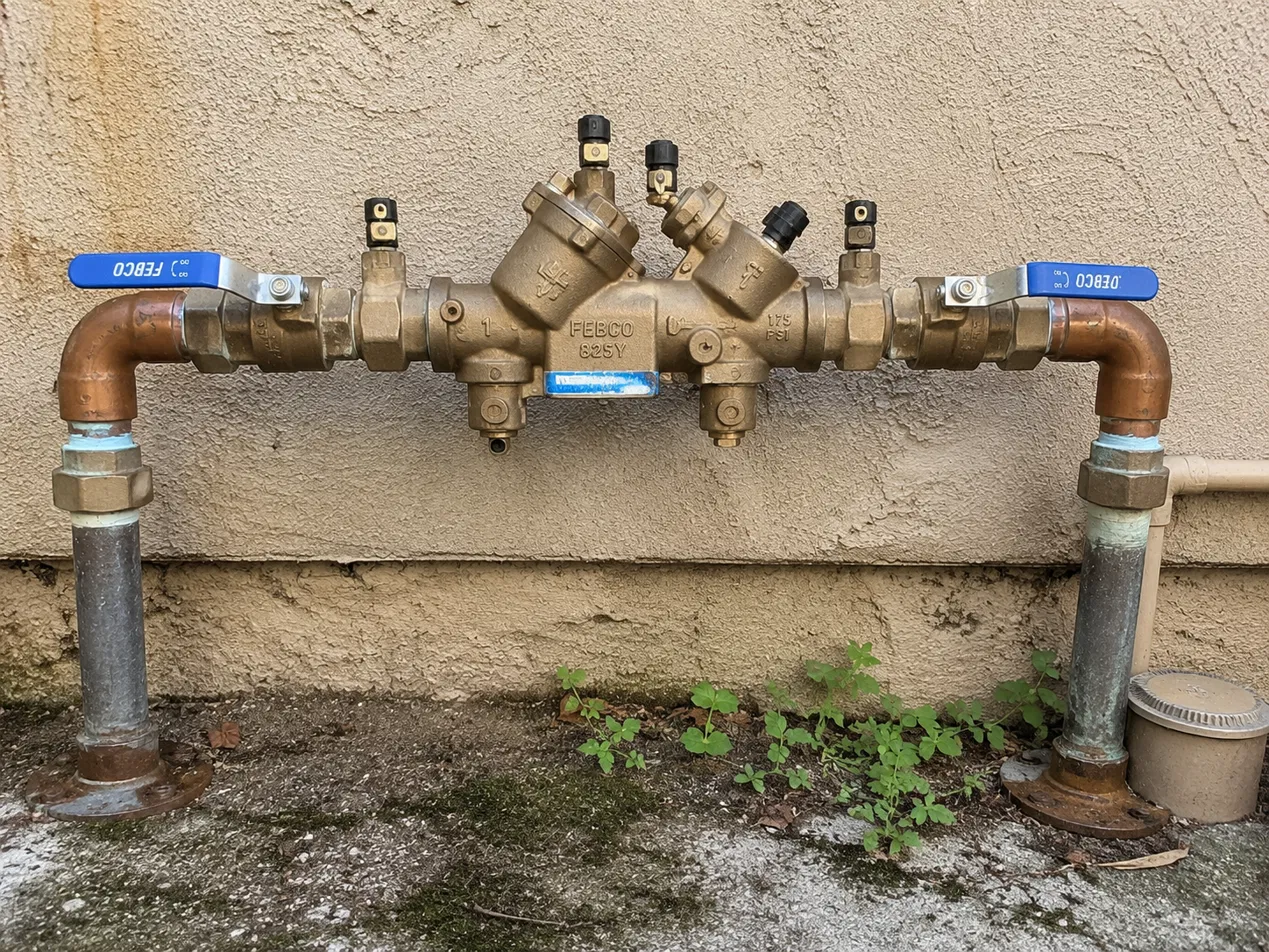 Backflow, a reduced pressure preventer assembly.