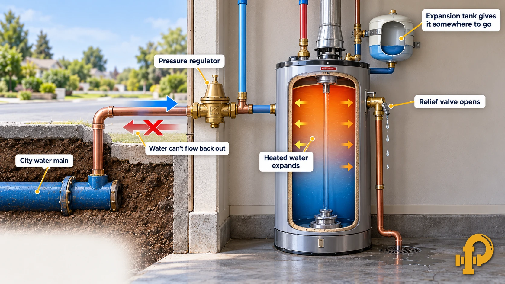 Diagram showing how a pressure regulator creates a closed system, causing heated water to expand with nowhere to go and the relief valve to open, with an expansion tank as the fix.