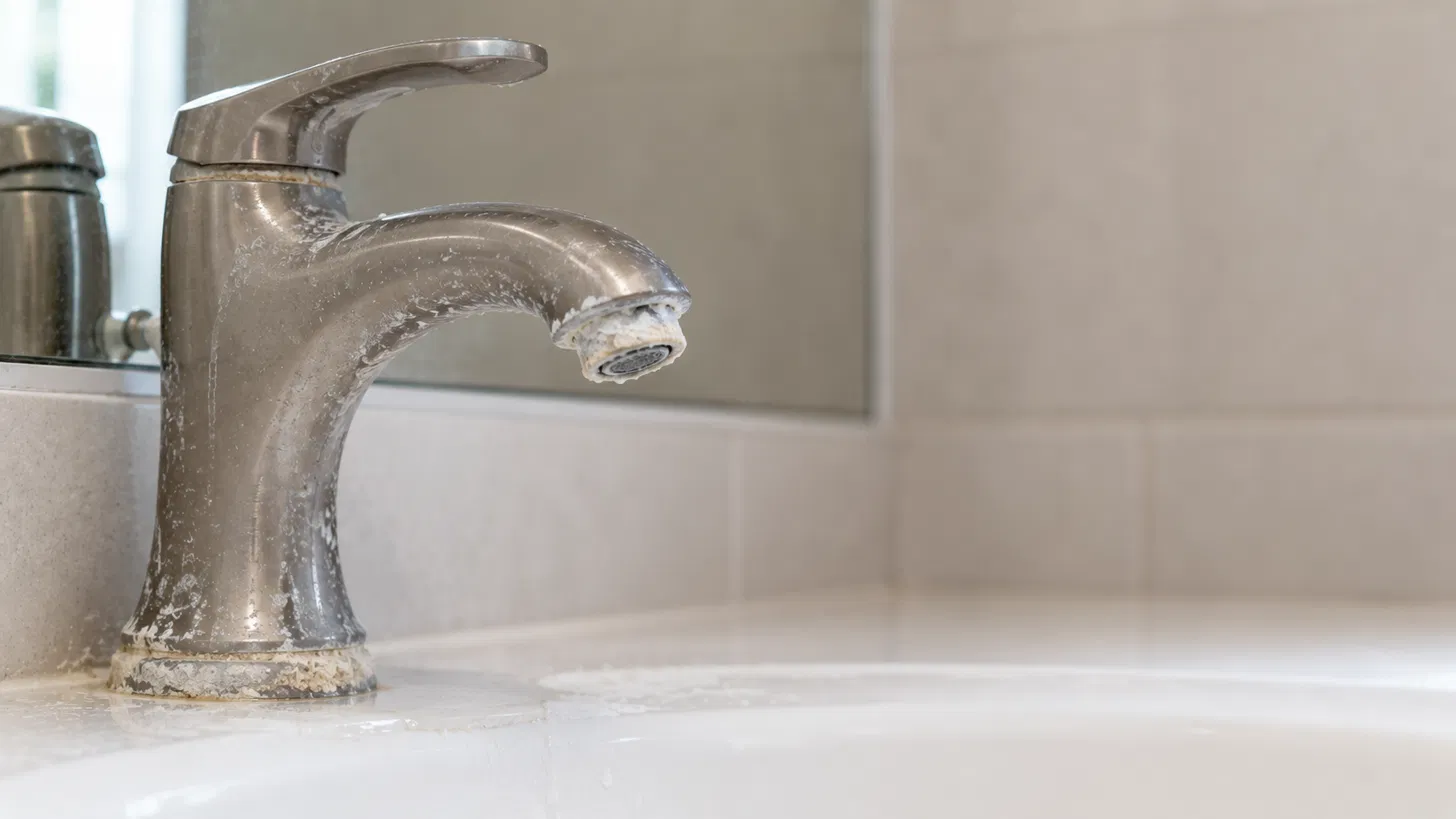 A bathroom faucet with heavy white mineral crust built up around its base and caked around the aerator.