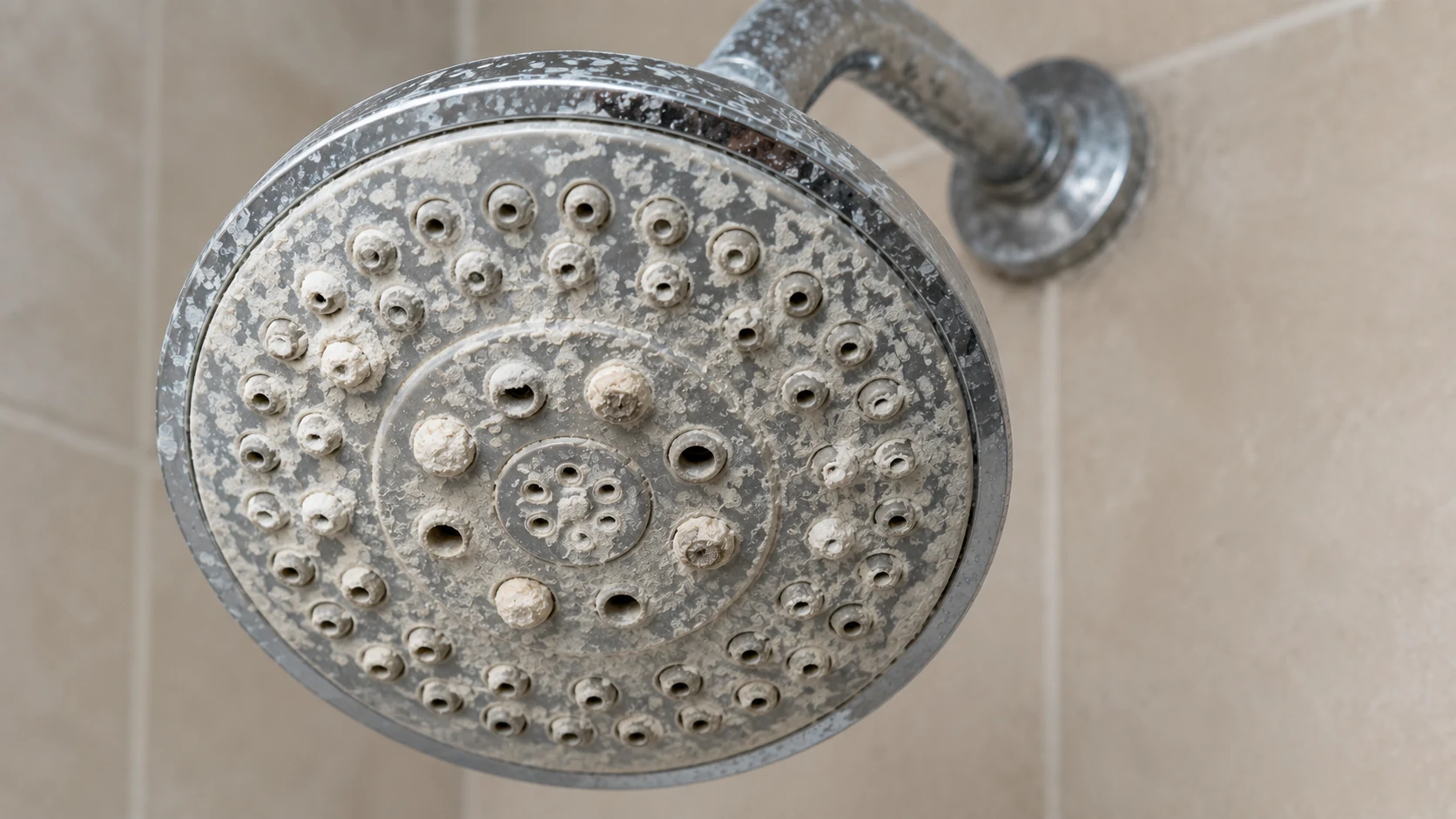 A chrome shower head heavily encrusted with white mineral scale, with several nozzles completely sealed over.