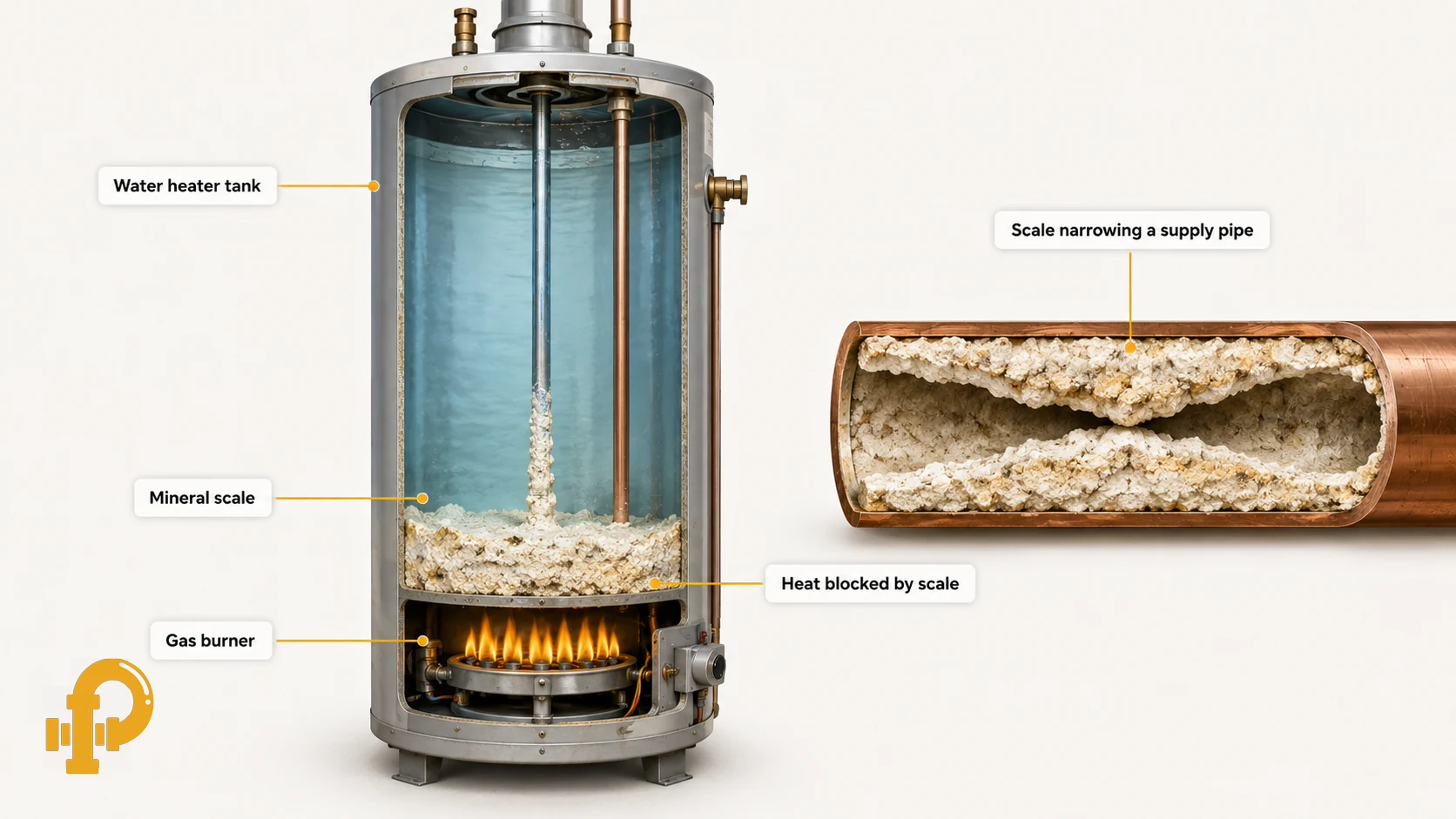 Cutaway diagram of a gas water heater showing a thick mineral scale layer on the tank floor above the burner, alongside a copper supply pipe cut open to reveal scale narrowing the channel.