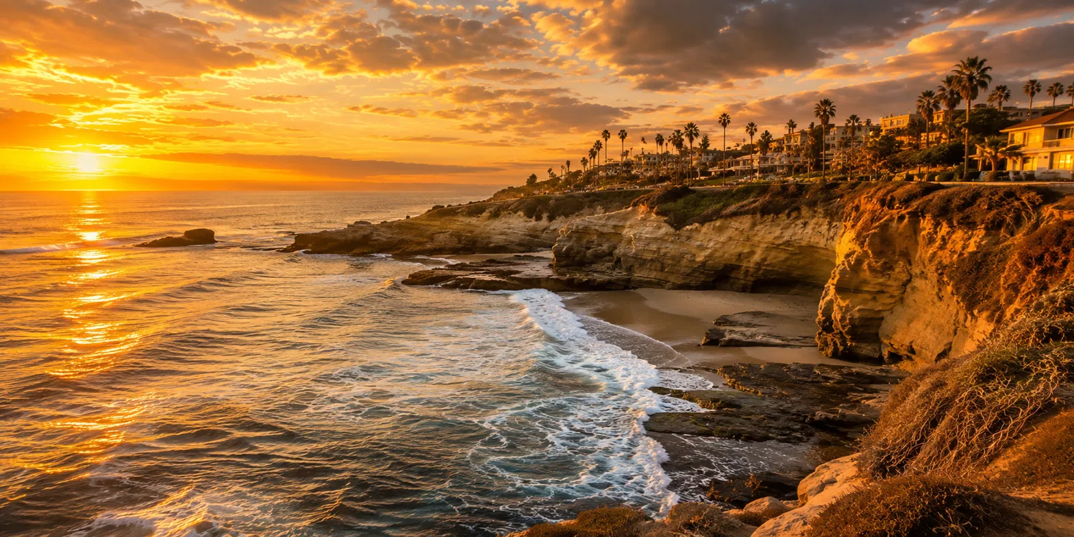 The La Jolla coastline at sunset.