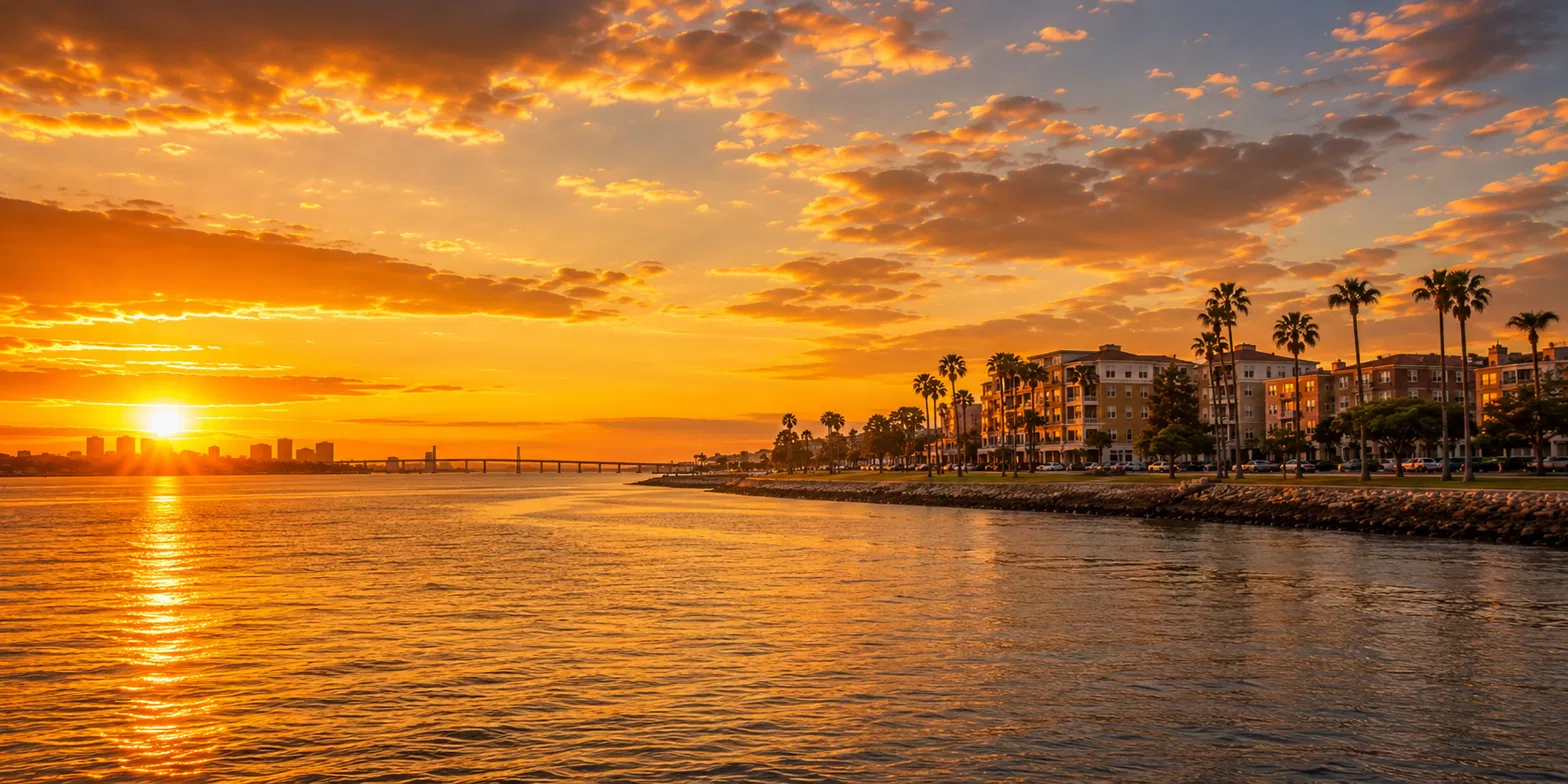 The National City bayfront at sunset.