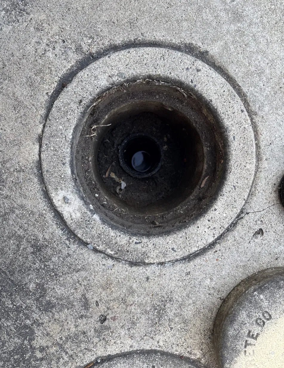 A sewer cleanout riser sitting inside a concrete box set flush with the ground, lid removed, with a second capped box visible nearby.