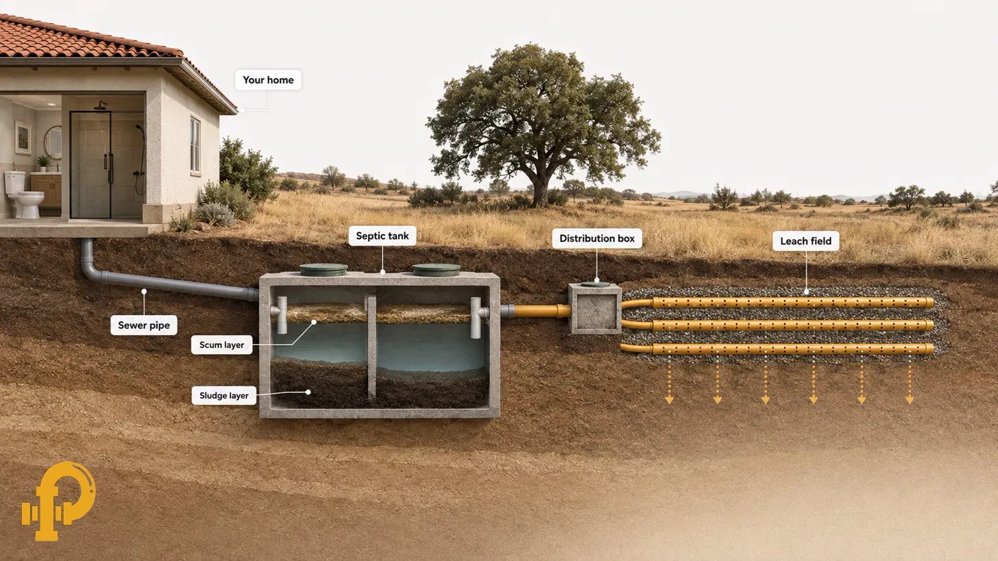 Cutaway diagram of a residential septic system showing the sewer pipe from the house, the septic tank with its sludge and scum layers, the distribution box, and the leach field trenches.