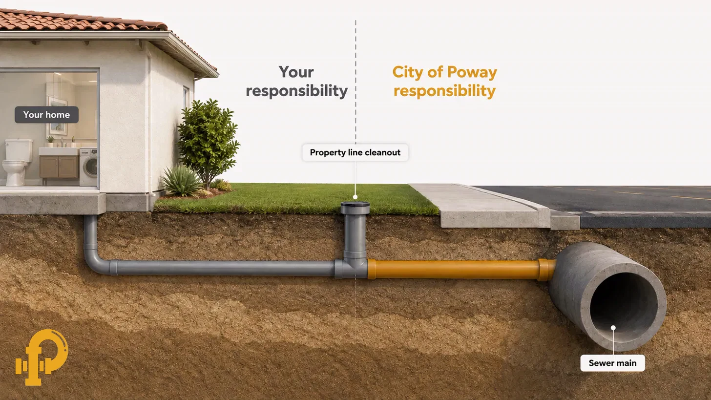 Cutaway diagram of a Poway sewer lateral showing the homeowner's portion from the house to the property line cleanout and the City of Poway's portion from the cleanout to the sewer main.
