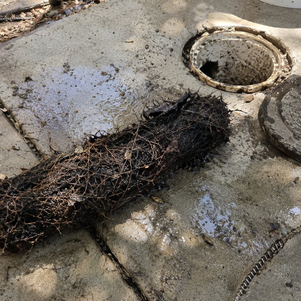 Root intrusion, what a root mass pulled out of a line looks like.