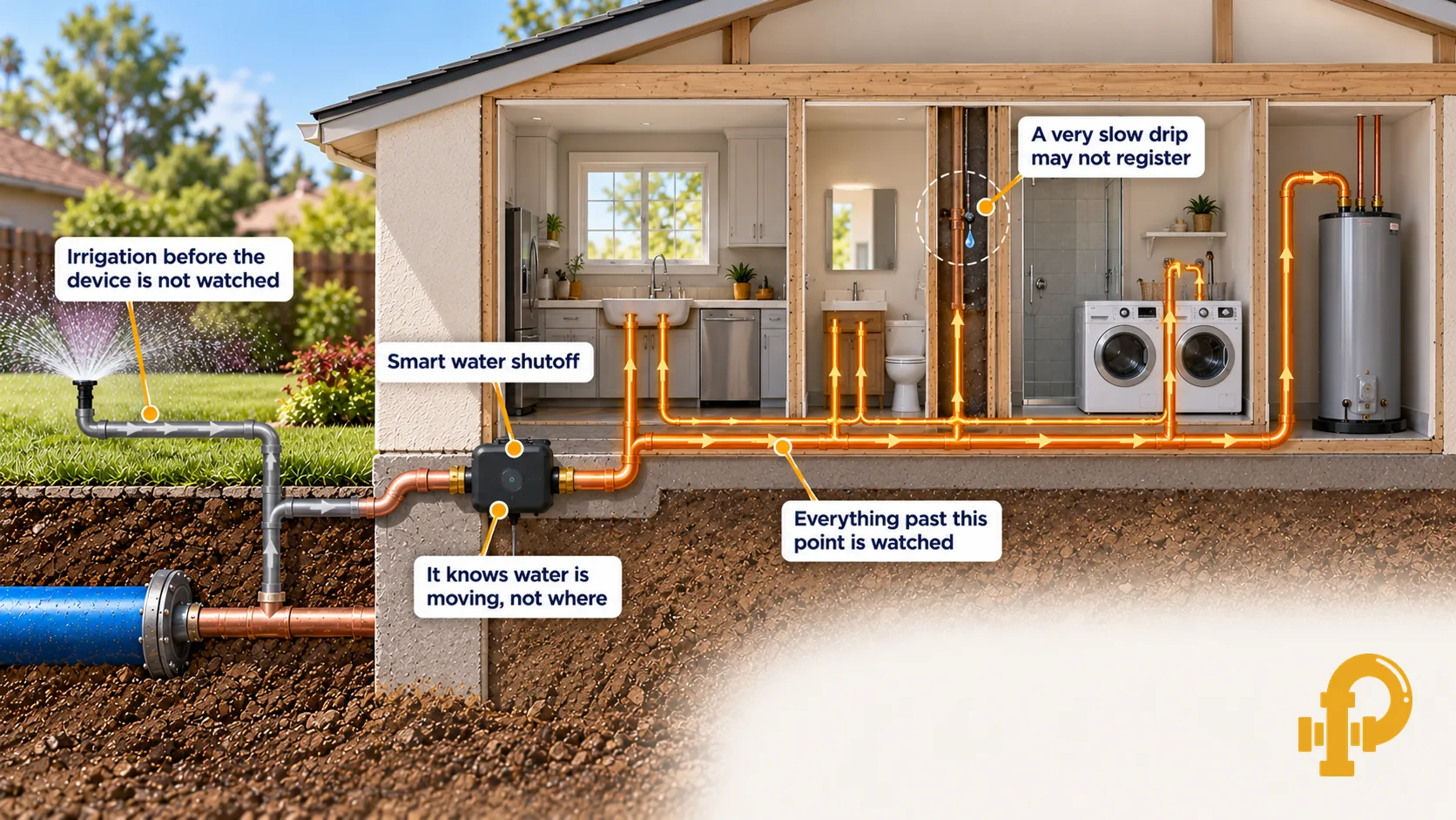 Diagram showing which parts of a home plumbing system a smart water shutoff watches and which it doesn't.