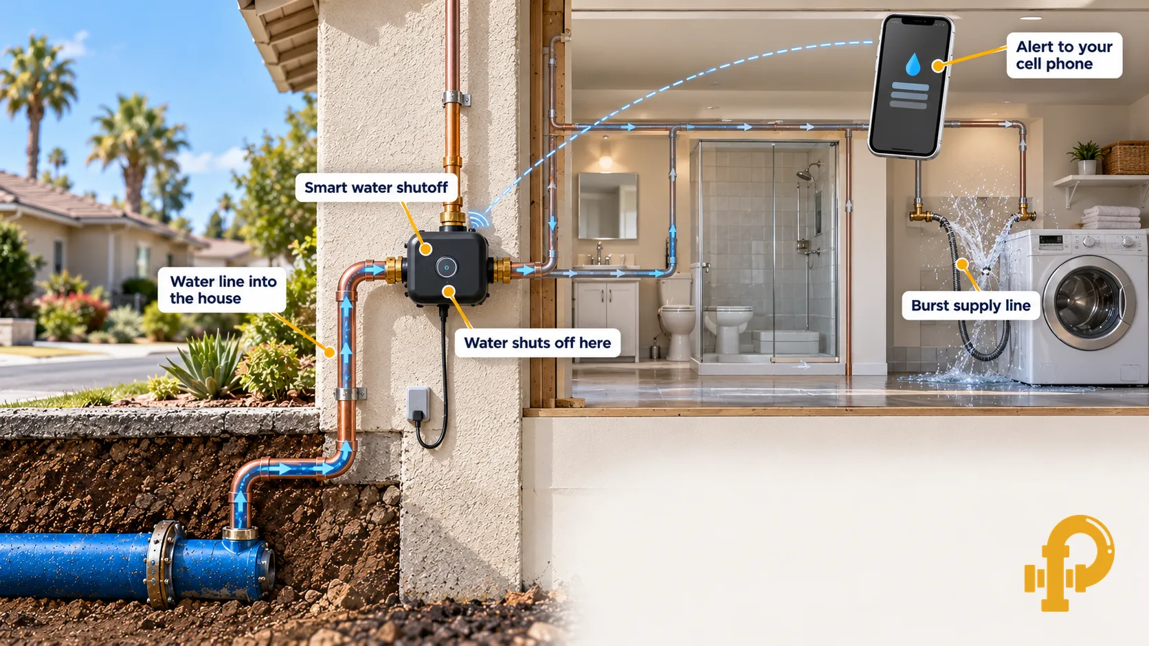 Diagram of a smart water shutoff on a home water line, sending a leak alert to a cell phone and closing the valve.
