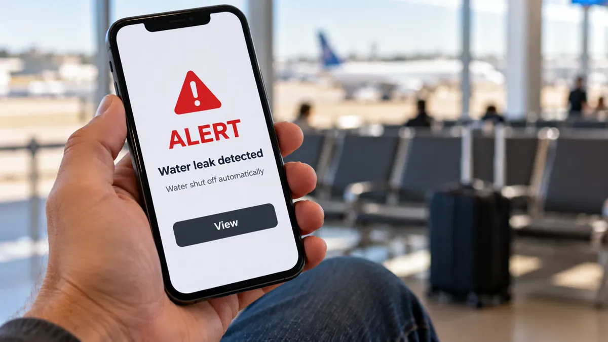 A hand holding a cell phone showing a water leak alert when no one is home.