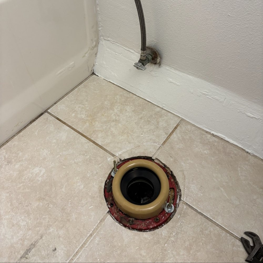 Toilet flange with a new wax ring and braided supply line