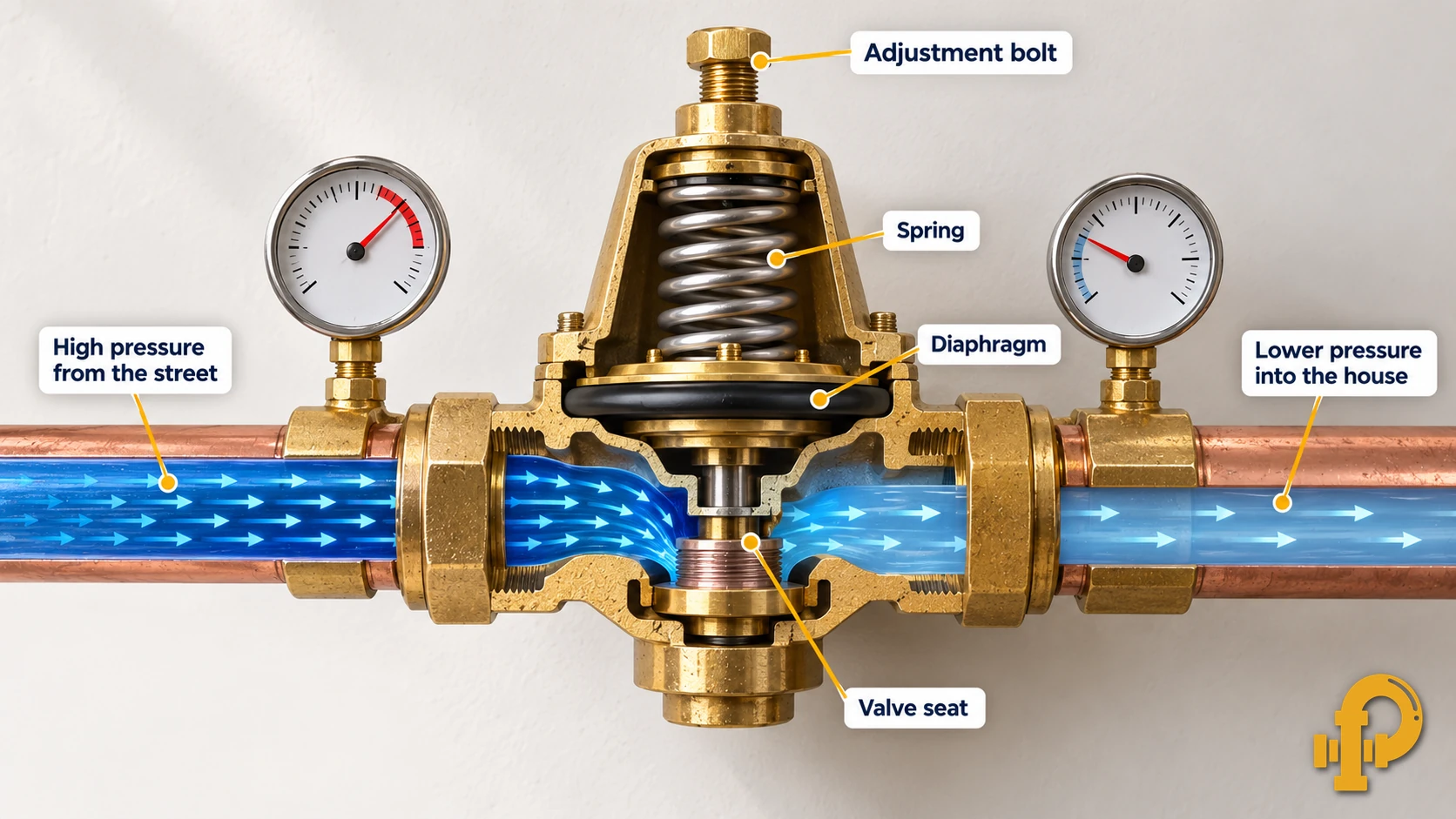 Cutaway diagram of a water pressure regulator showing the adjustment bolt, spring, diaphragm, and valve seat, with high pressure entering and lower pressure leaving.