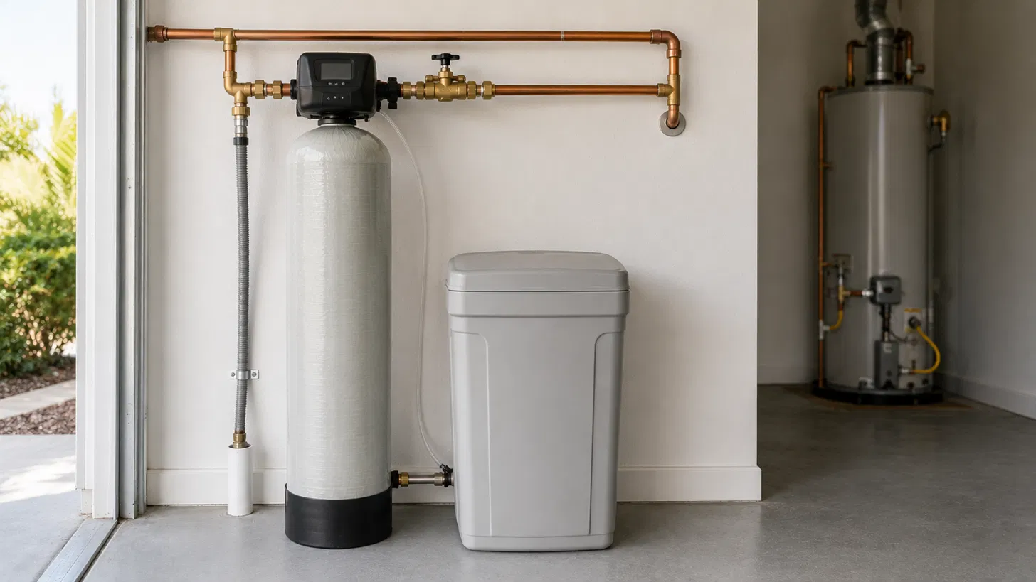 A residential water softener installed in a garage, showing the tall resin tank, the brine tank beside it, and the copper supply lines running through the control valve.