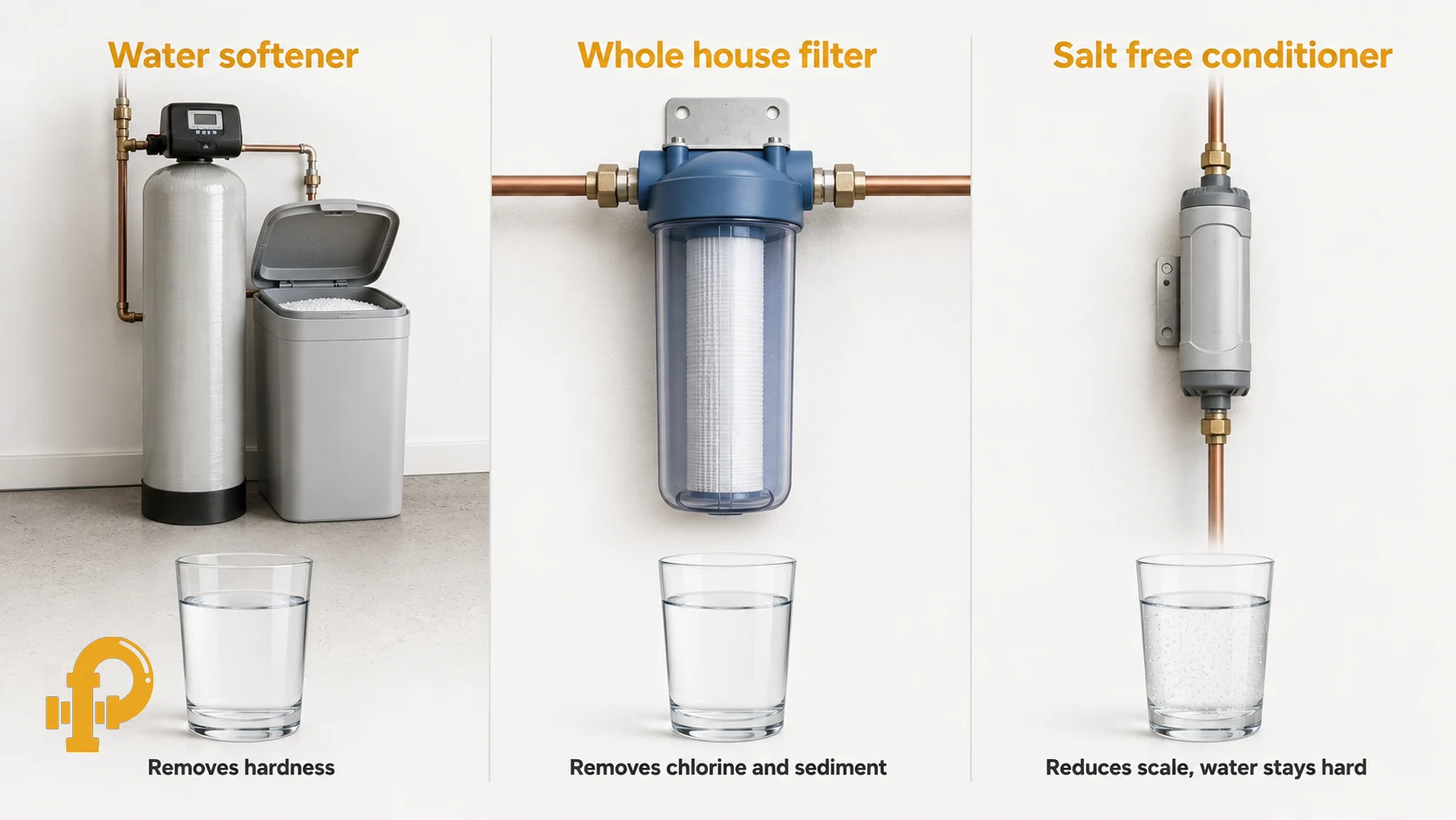 Comparison diagram showing a water softener, a whole house filter, and a salt free conditioner side by side with what each one does to the water.